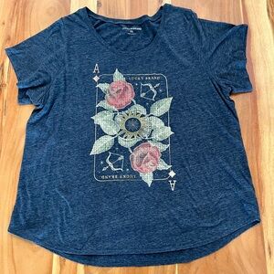 Lucky Brand Heathered Navy Graphic Short Sleeve Tee with Floral Design Size XXL